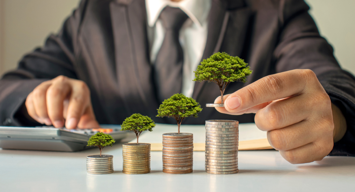 Someone in a suit holds a small tree on top of a set of coins. These coins are stacked from smallest on the left to biggest on the right. All sets have small trees on top indicating growth.