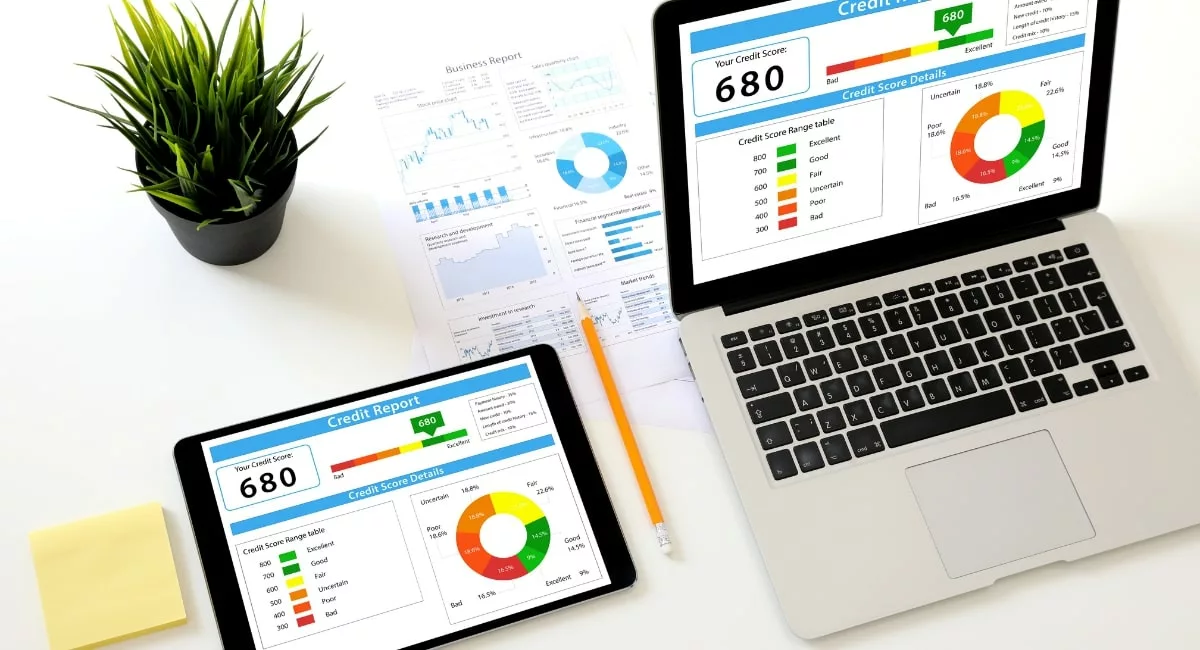 CREDIT REPORT An electronic tablet on the left on a table and a laptop next to it. Both screens display the same thing, a pie chart and analysis of a credit score. There is a small plant in the back left of the image, behind the tablet.