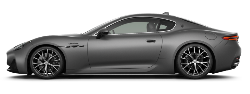 The 2024 Maserati Gran Turismo in grey parked side on against a white background.
