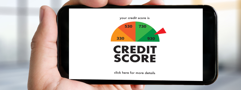 Someone holds their credit score on a phone.