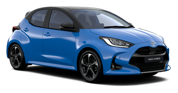 A blue Toyota Yaris against a blank background.