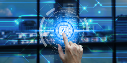 A digital interface with the letters 'AI' in the centre, with a finger pressing it.