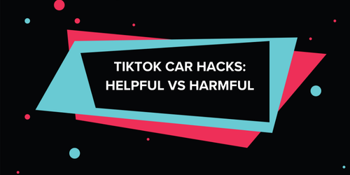 A cover photo for a blog with a dark black background and tiktok style sharp objects forming to build a section where 'tiktok car hacks: helpful b vs harmful is written.