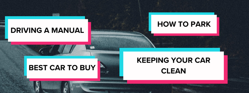 TikTok Tips Car Essential car tips like driving a manual, choosing the best car, how to park, and keeping your car clean, designed in a frame popular with tiktok.
