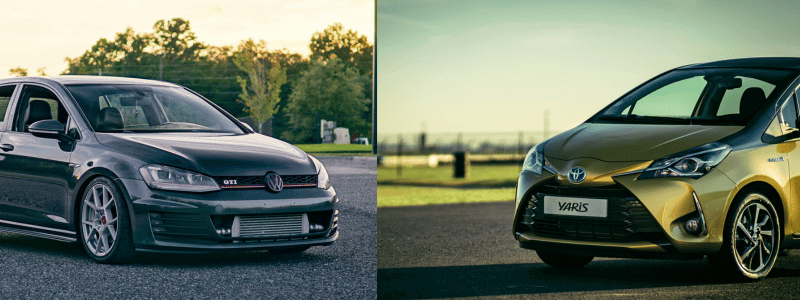 VW and Toyota Cars (1) Two images put together. One of a dark VW Polo and the other of a green/yellow Toyota Yaris.