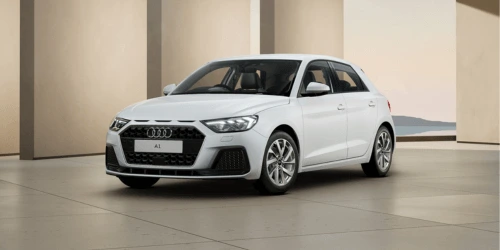 A white Audi A1 Sportback parked in front of slabs, likely a futuristic abstract setting.