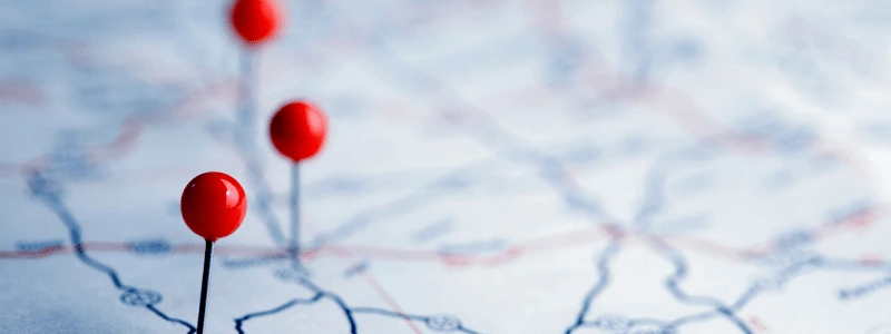 Map With Pins (1) A physical map with multiple red pins at different areas.
