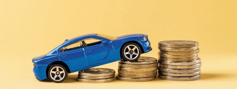 Model Car Coins (1) (1) A blue toy car sat on coin piles that rise from left to right in size, against a pale yellow background.