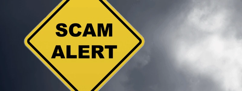 A yellow diamond shaped sign reading 'SCAM ALERT' with grey, stormy skies behind it.