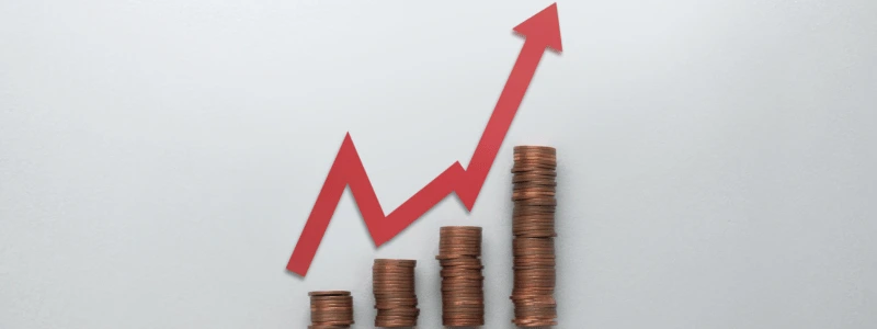 Stacks of coins rising in size from left to right, with an arrow fluctuating but heading upward, symbolising inflation.