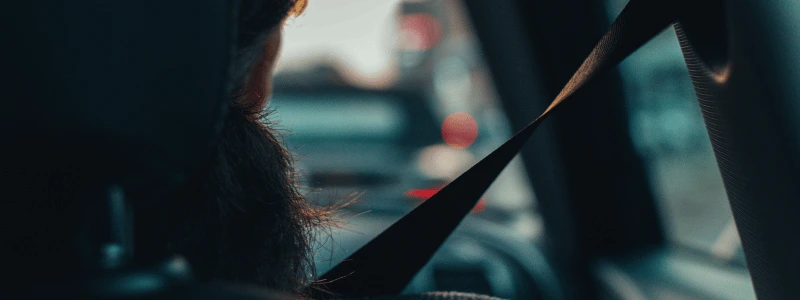 A behind view of a driver, with the seat belt in view, symbolising car safety.
