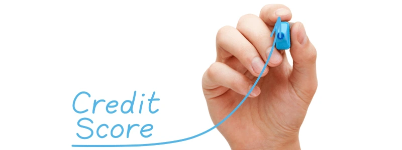 A person drawing an upward line below 'Credit Score' representing a rise in score.