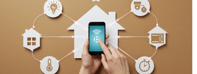 A phone connected up to various different icons like utilities and housing, representing automation.