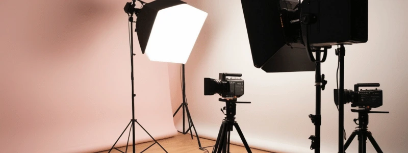 A photo studio with professional cameras and lighting.