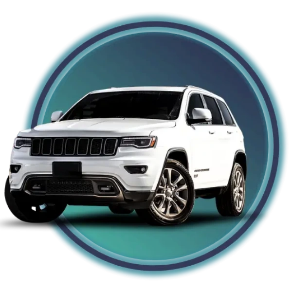 A white SUV in front of a gradient circle.