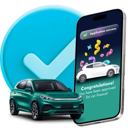 A green car in front of a tick and a phone.