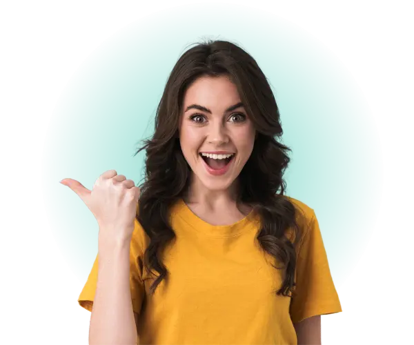 A person pointing to their right, with a green glow behind them.