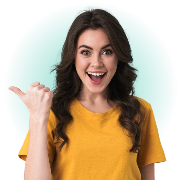 A person smiling and pointing to their right.