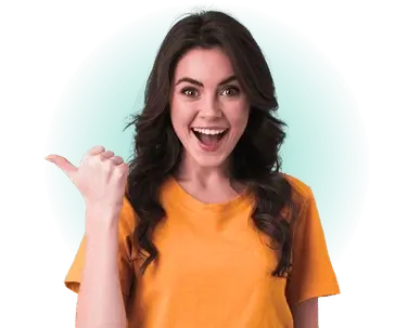 A person smiling and pointing to their right.