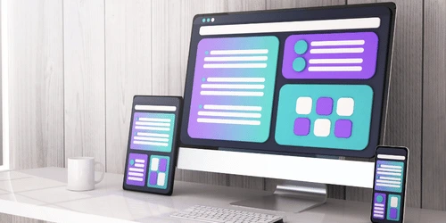A mobile, tablet and desktop with content on.